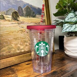 Starbucks Holiday Red and Clear Tumbler with Striped Straw